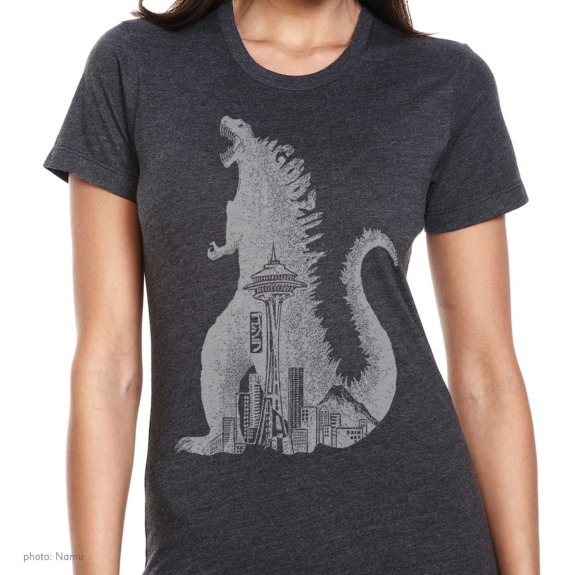 Women's T-shirt, Godzilla and the Space Needle by Namu