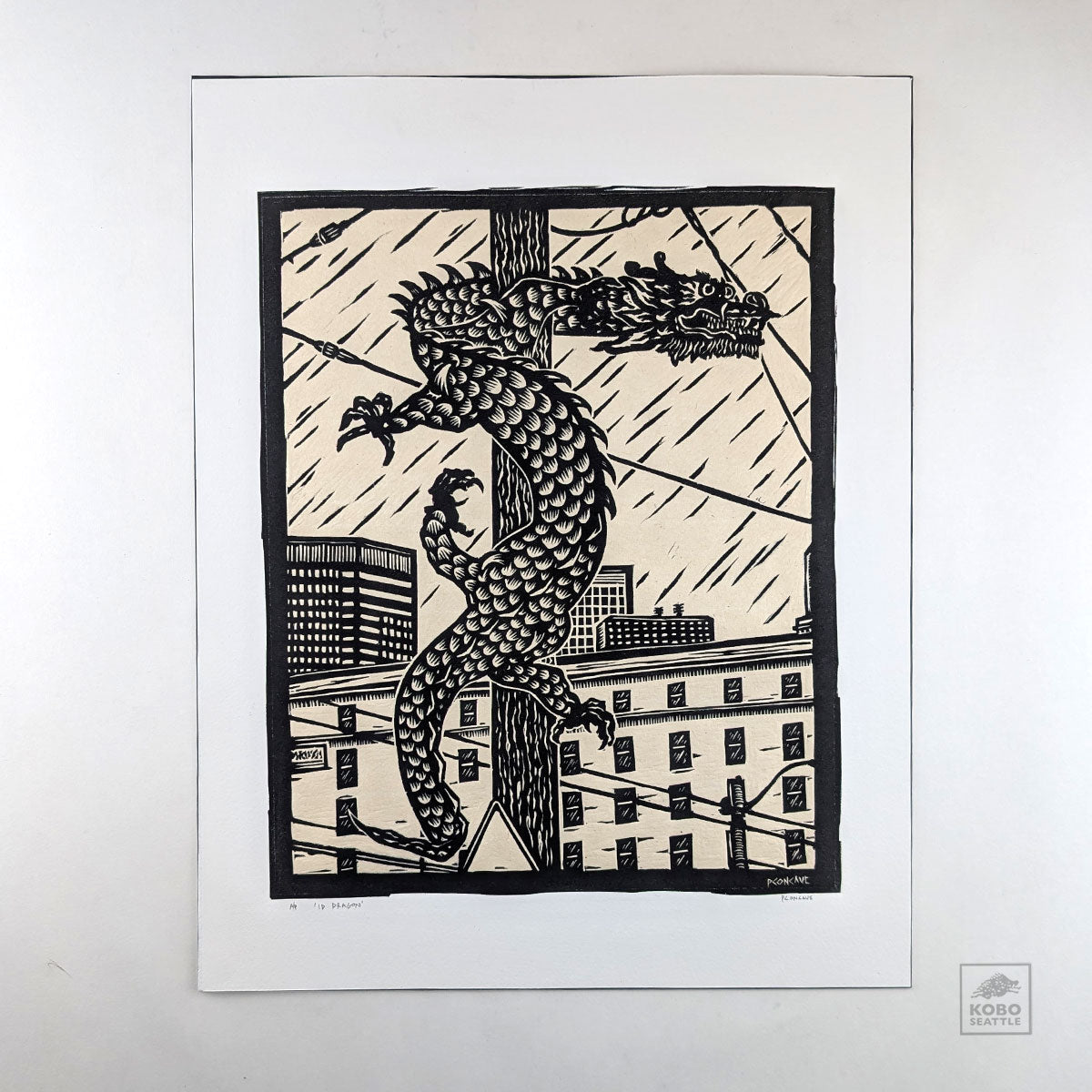 International District Dragon Linocut by PCONCAVE