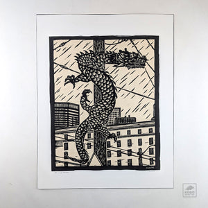 International District Dragon Linocut by PCONCAVE