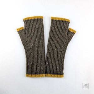 Cashmere Ribbed Fingerless Gloves - Brown/Mustard