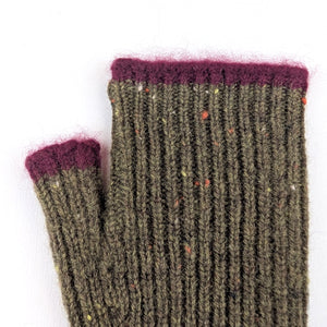 Cashmere Ribbed Fingerless Gloves - Forest/Red