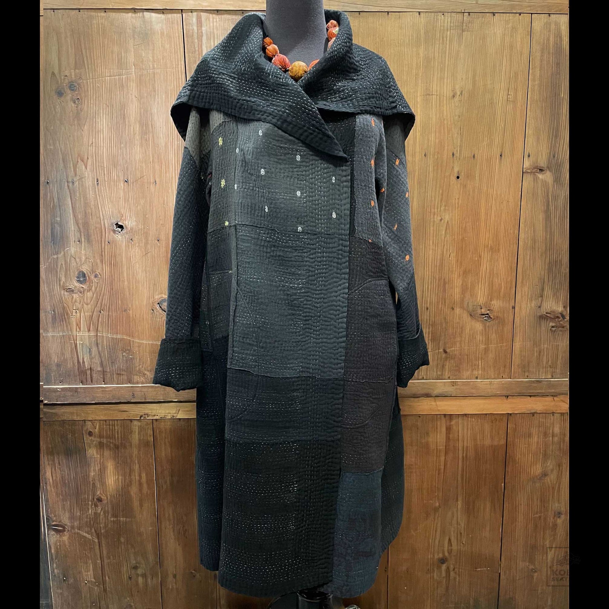 Reversible Frayed Patch Kantha A-Line Coat