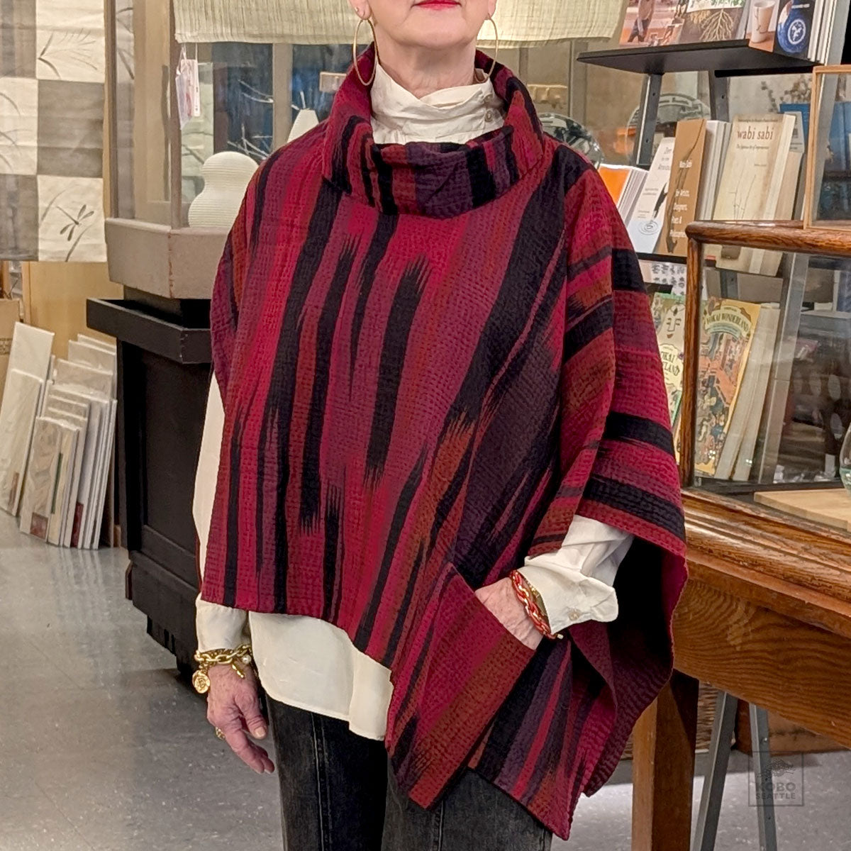 Reversible Ikat Stripe Kantha Cowl Neck Cape from Mieko Mintz