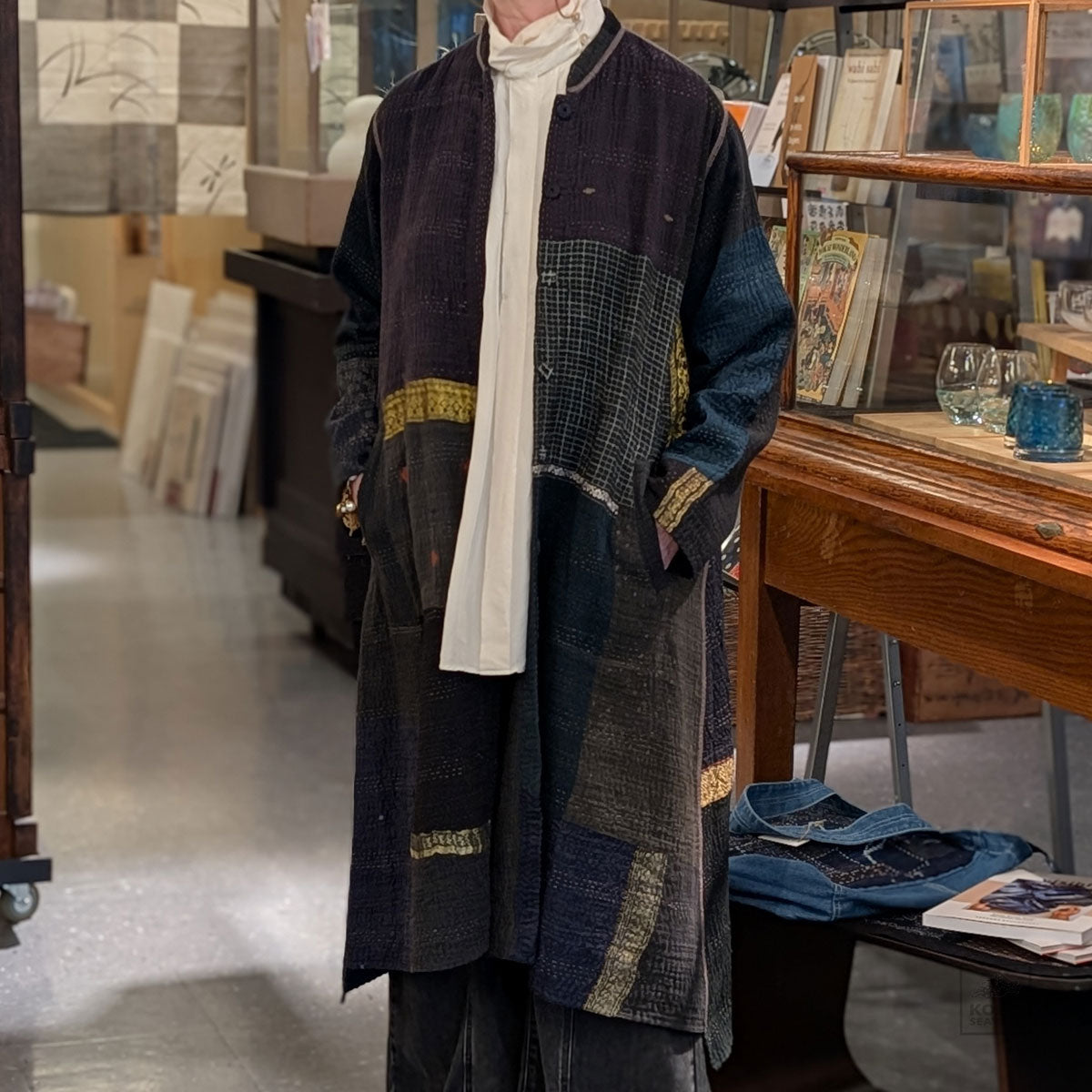 Cotton Silk Patch Kantha Kaftan Coat from Mieko Mintz