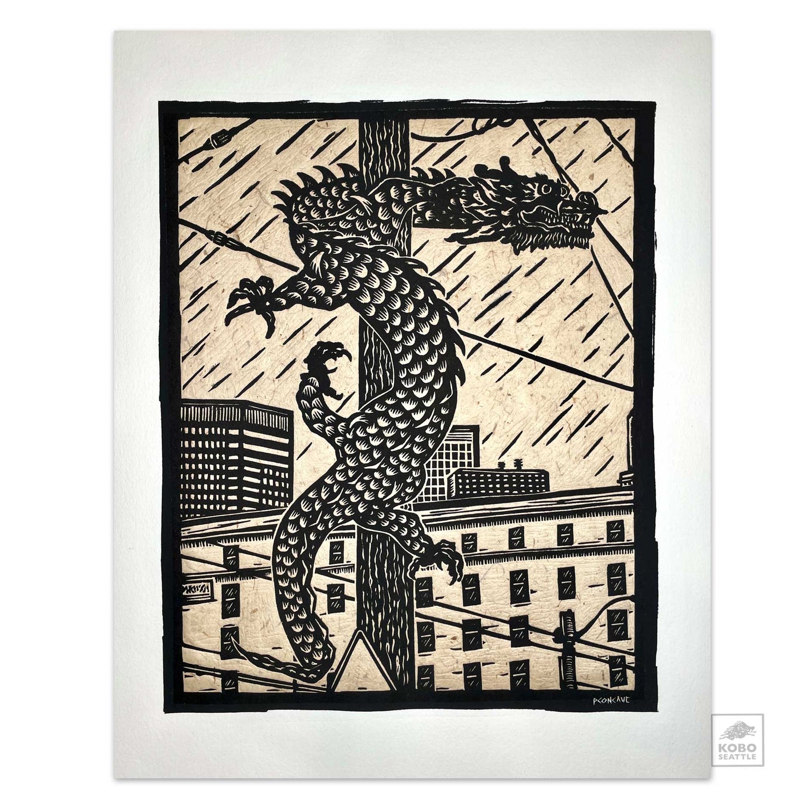 International District Dragon Linocut - PCONCAVE