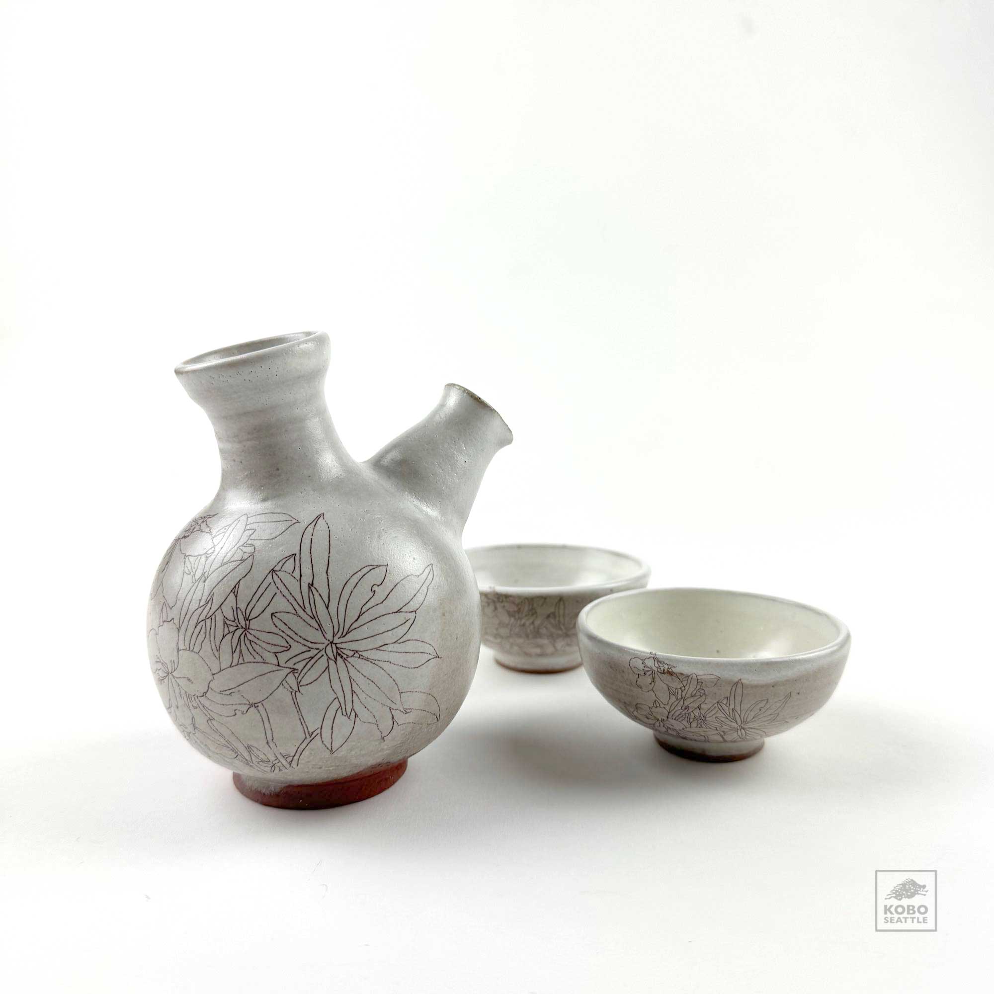 Sake Bottle and Two Cups