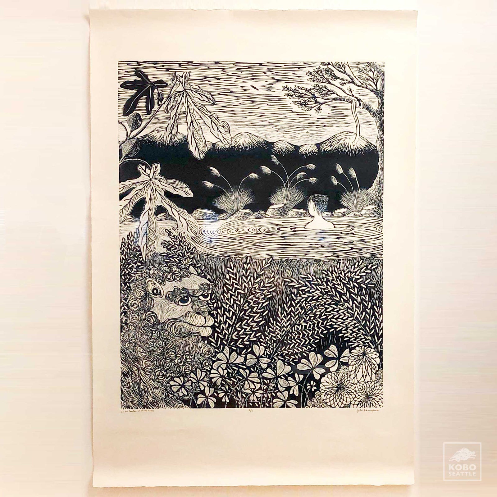 "In the Garden of Mindfulness" 44 x 30 Woodcut by Yoshi Nakagawa