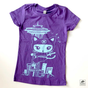 Girl's T-shirt in Purple w/ blue or pink ink - Ninja Cat & Space Needle