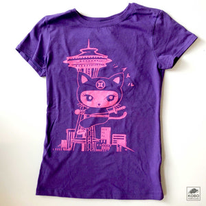 Girl's T-shirt in Purple w/ blue or pink ink - Ninja Cat & Space Needle